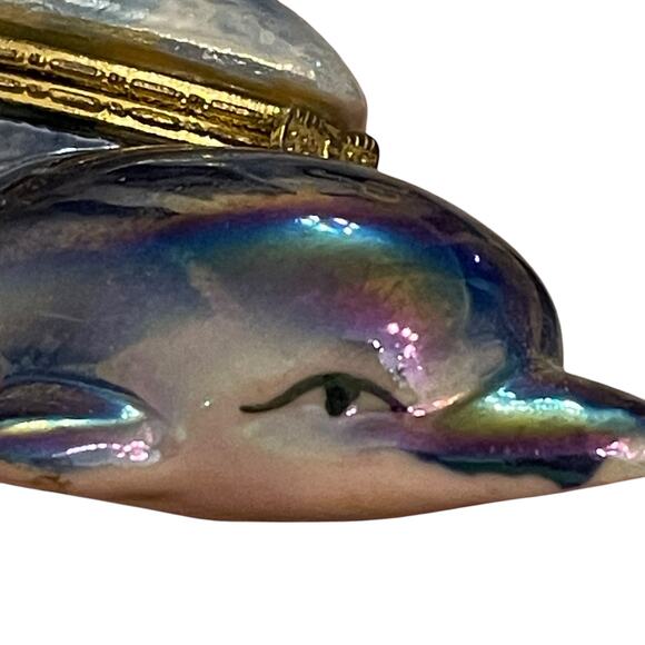 Vintage Dolphin Trinket Box Iridescent Glazed Hinged Beach Florida Nautical Sea - Picture 16 of 16